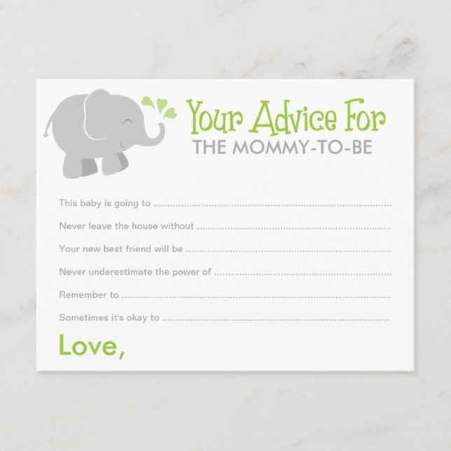 Tarjeta De Consejos Elefante moderno Baby Shower verde y gris (Anverso)