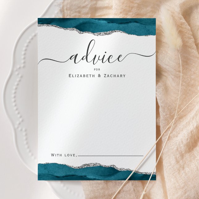 Tarjeta De Consejos Elegant Watercolor Agate Teal Silver Wedding (Subido por el creador)