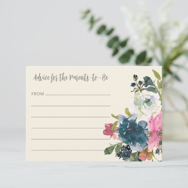 Tarjeta De Consejos Elegante acuarela Boho Blue Floral Baby Shower (Anverso de pie)
