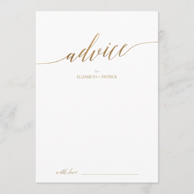 Tarjeta De Consejos Elegante Boda de caligrafía de oro (Anverso)
