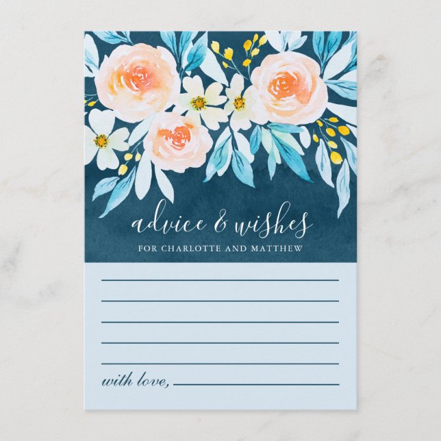 Tarjeta De Consejos Elegante Boda floral de acuarela azul de la marina (Anverso)