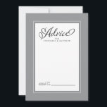 Tarjeta De Consejos Elegante boda recién casada desea frontera gris<br><div class="desc">Elegante Boda de recién casados Consejos de Deseos en el último diseño de boda gris y blanco presenta un hermoso borde de moda en gris de moda que incluye un elegante borde blanco pequeño. La caligrafía y el guión son de color gris carbón sobre fondo blanco y complementan el diseño...</div>