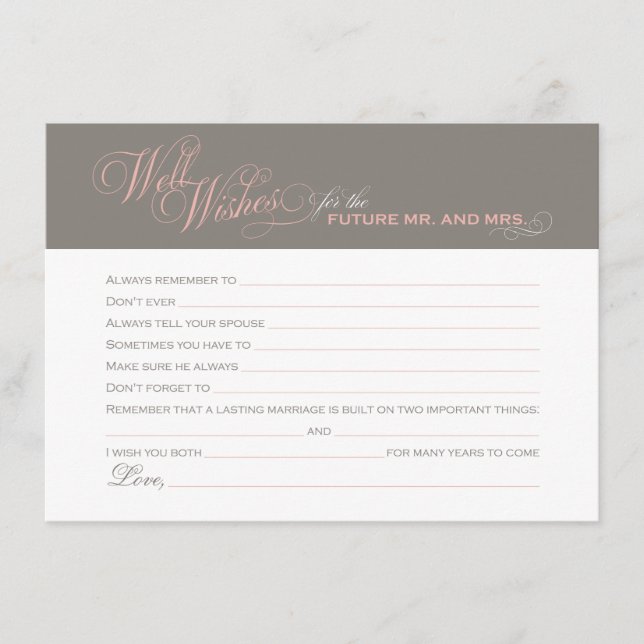 Tarjeta De Consejos Elegante ducha de novia grisácea rosa cálida (Anverso)