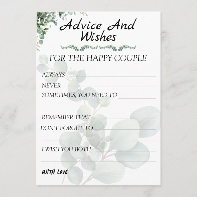 Tarjeta De Consejos Eucalyptus Consejos y deseos modernos de los Bodas (Anverso)