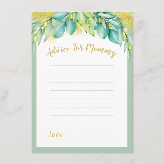 Tarjeta De Consejos Eucalyptus de Baby Shower Greenery deja a mamá en  (Anverso)
