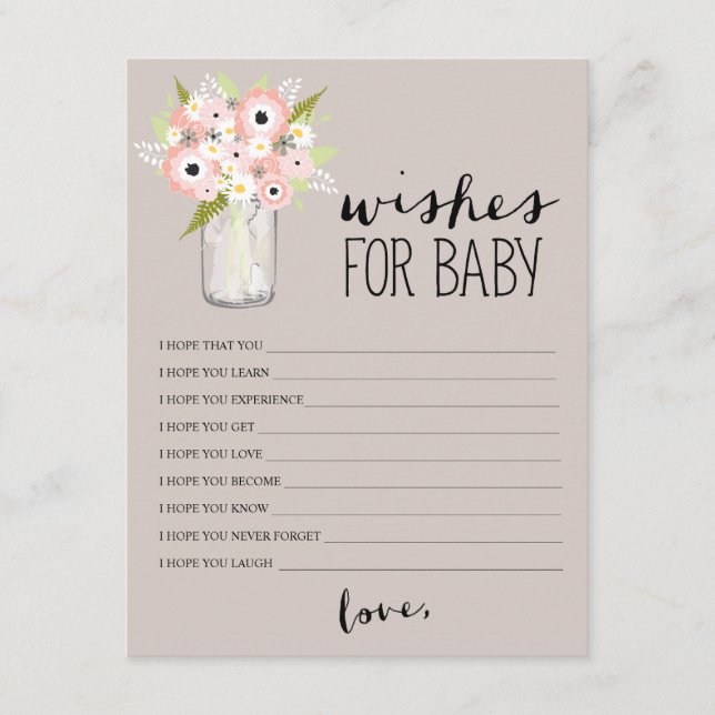 Tarjeta De Consejos Floral Mason Jar | Deseos para el bebé (Anverso)