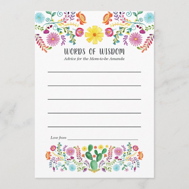 Tarjeta De Consejos Floral mexicana Fiesta bebé o ducha de novia (Anverso)