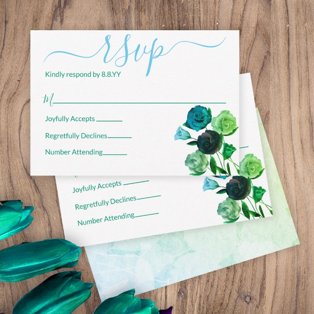 Tarjeta De Consejos Gabinete RSVP para Rosas azules, verdes y turquesa (green blue spring flowers wedding theme rsvp response reply cards botanical turquoise teal roses )