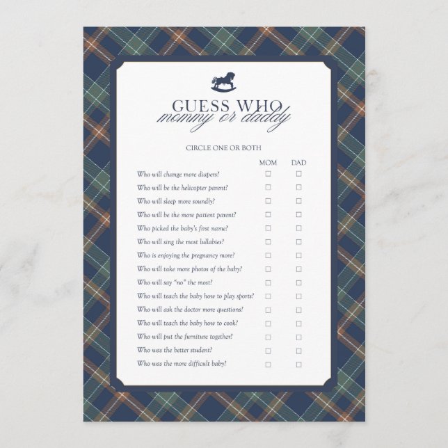 Tarjeta De Consejos Guess Who Mommy or Daddy Baby Shower Game  (Anverso)