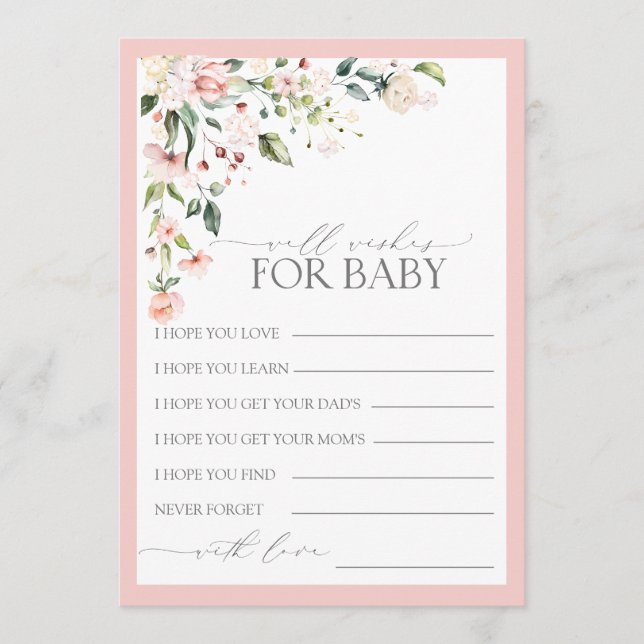 Tarjeta De Consejos Guión floral rosa bonito Baby Shower Well Wiers (Anverso)