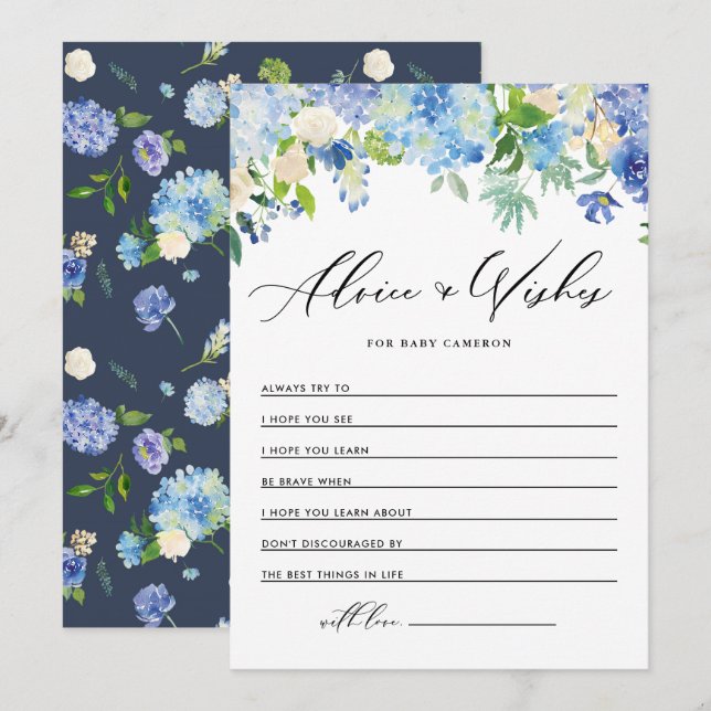 Tarjeta De Consejos Hidrangea azul acuarela Buena voluntad para el beb (Anverso / Reverso)