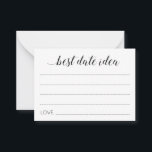Tarjeta De Consejos Idea Moderna De Mejor Fecha Para Consejos De Bodas<br><div class="desc">Estas elegantes tarjetas de "mejor idea de cita" serán la forma ideal de obtener ideas de noche de cita para los recién casados. Este diseño presenta una combinación de escritura caligráfica moderna y tipos de letra de bloque. Parte de la colección de Alejandra.</div>