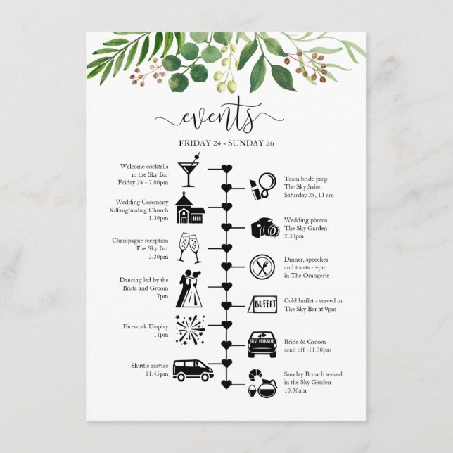 Tarjeta De Consejos Itinerario para invitados de boda con vegetación h (Anverso)