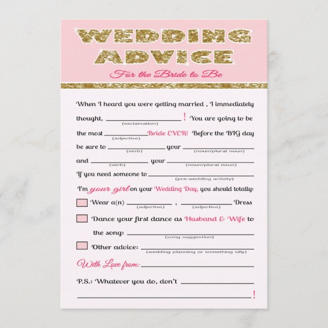 Tarjeta De Consejos juego de ducha con boda Advice Bridal (Anverso)