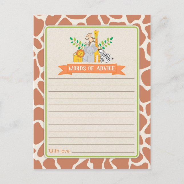Tarjeta De Consejos Jungle Animales Safari Baby Shower Palabras de con (Anverso)
