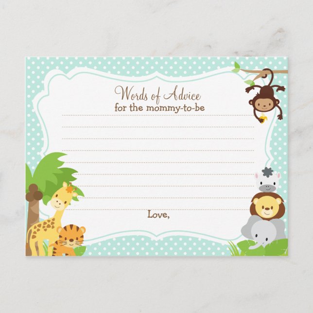 Tarjeta De Consejos Jungle Baby Shower Advice card para que la madre s (Anverso)