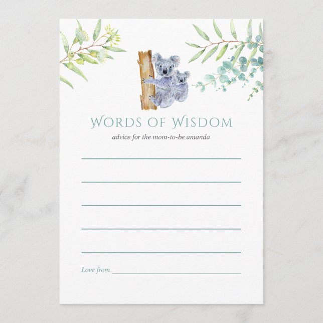 Tarjeta De Consejos Koala Bears Eucalyptus deja consejos de Baby Showe (Anverso)