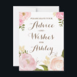 Tarjeta De Consejos Las flores de color de agua románticas aconsejan a<br><div class="desc">Consejos caprichosos para el signo de la novia con adorables ilustraciones acuarelas de peonías y rosa. Forma parte de una suite boda. Perfecto para bodas de primavera y jardín. Los elementos coincidentes están disponibles.</div>
