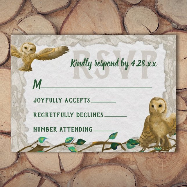 Tarjeta De Consejos Lechuzas, carta Rústica de Green Leafy Bar Mitzvah (rustic beige green bar mitzvah rsvp card owl nature forest, green script writing, leafy green leaves)