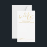 Tarjeta De Consejos Lista de cubo de Boda de guiones dorados modernos<br><div class="desc">Añada un toque personal a su boda con una tarjeta de lista de cubo boda de script moderna. Esta tarjeta presenta el título en el estilo de letra de caligrafía moderna de oro y detalles en el estilo de fuente sans serif moderno de oro sobre fondo blanco. Nota: Los detalles...</div>