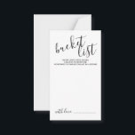 Tarjeta De Consejos Lista de cubo de Boda de guiones modernos<br><div class="desc">Añada un toque personal a su boda con una tarjeta de lista de cubo boda de script moderna. Esta tarjeta presenta el título en el estilo de fuente de caligrafía moderna en negro y detalles en el estilo de fuente sans serif moderno negro sobre fondo blanco.</div>
