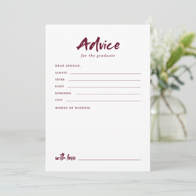 Tarjeta De Consejos Maroon Simple Modern Brush Script Graduation (Anverso de pie)