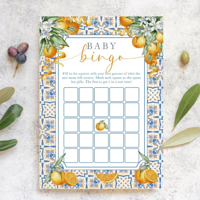 Tarjeta De Consejos Mediterranean Citrus Baby Shower | Baby Bingo Game (Subido por el creador)