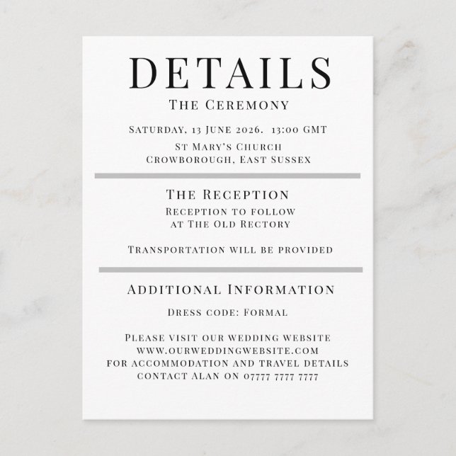 Tarjeta De Consejos Minimalist Wedding Details Card | Elegant Editable (Anverso)