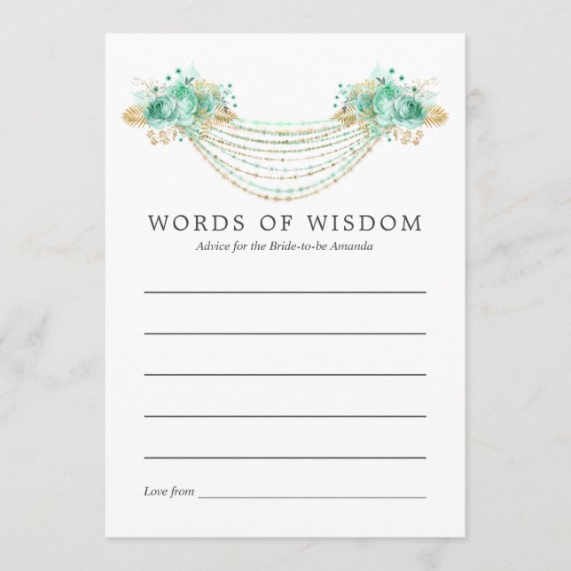 Tarjeta De Consejos Mint y Gold Floral String Lights Bridal Advance (Anverso)