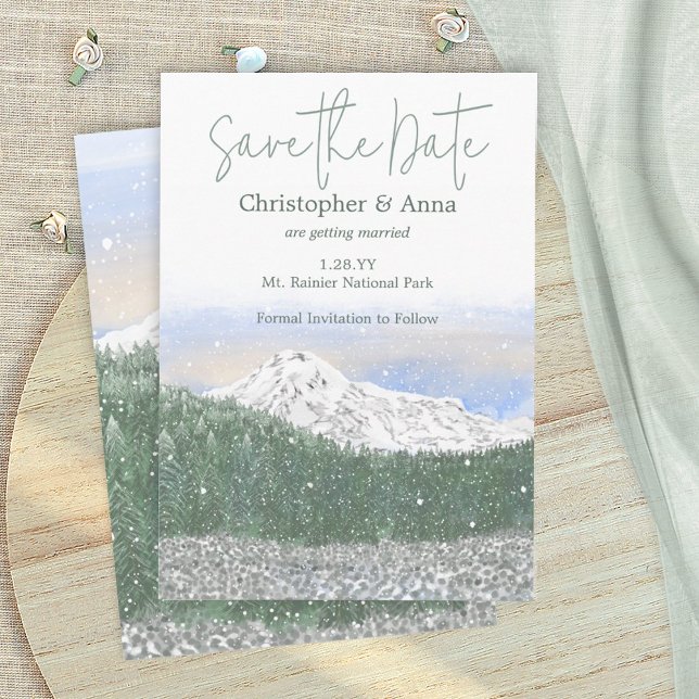 Tarjeta De Consejos Monte Rainier, boda con nieve cayendo guardar la f (mount mt. rainier save the date wedding card, mountains, snow, trees, forest wedding invitation)