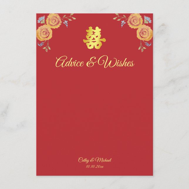 Tarjeta De Consejos Naranja rojo floral boda chino doble felicidad (Anverso)