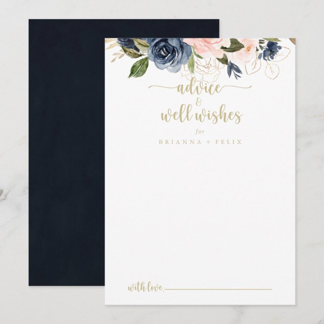 Tarjeta De Consejos Navy Rubor Floral Gold Boda Well Wiers (Anverso / Reverso)