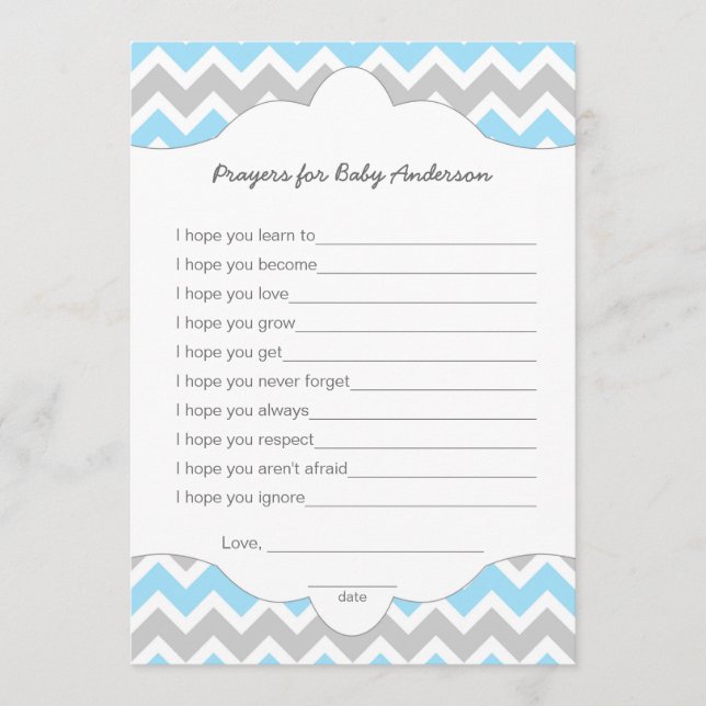 Tarjeta De Consejos Oraciones para el bebé, BOY, juego de deseos para  (Anverso)