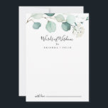 Tarjeta De Consejos Palabras de sabiduría Boda de eucalipto verde de v<br><div class="desc">Esta tarjeta de consejo de sabios boda de eucalipto verde de verano es perfecta para un boda moderno. El diseño presenta hermosas hojas de eucaliptos verdes de color acuático pintadas a mano que inspiran el encanto natural. Estas tarjetas son perfectas para un boda, una ducha de novia, una ducha de...</div>