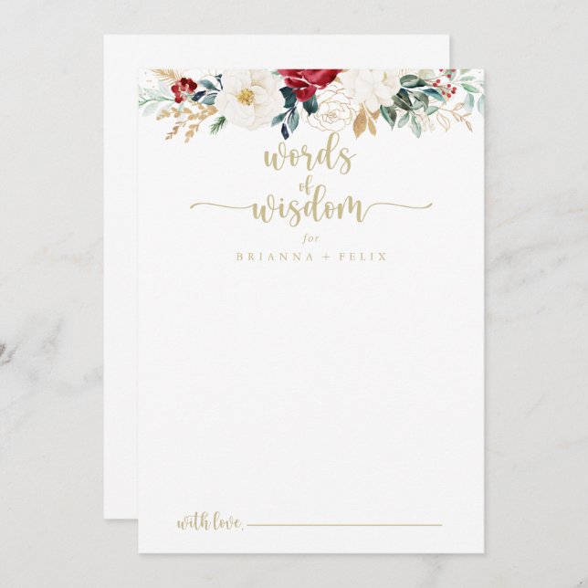 Tarjeta De Consejos Palabras de sabiduría Boda de la floral dorada clá (Anverso / Reverso)
