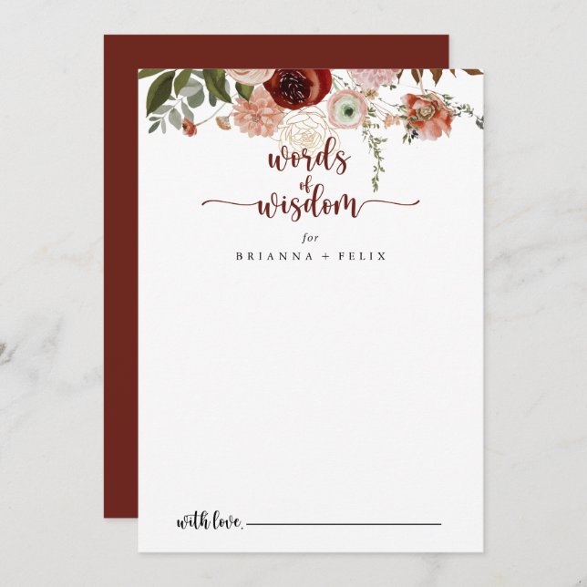 Tarjeta De Consejos Palabras de sabiduría de Boda floral rustica de or (Anverso / Reverso)