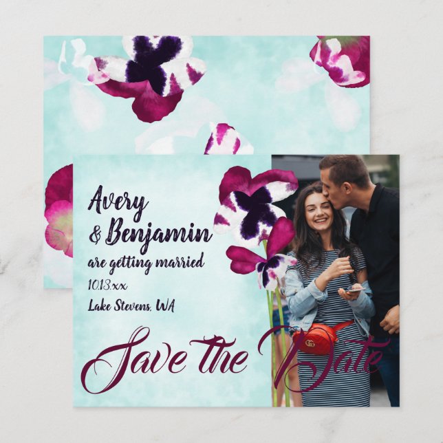 Tarjeta De Consejos Pansies turquesa de agua rosada violeta salvan la  (Anverso / Reverso)