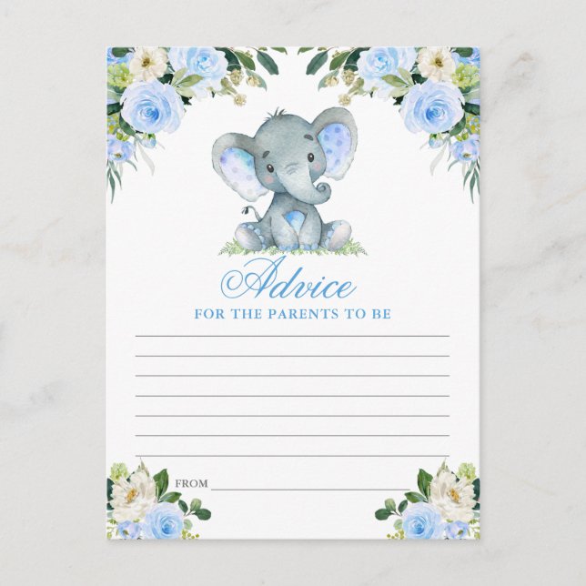 Tarjeta de Consejos para Baby Shower Elefante Flor (Anverso)