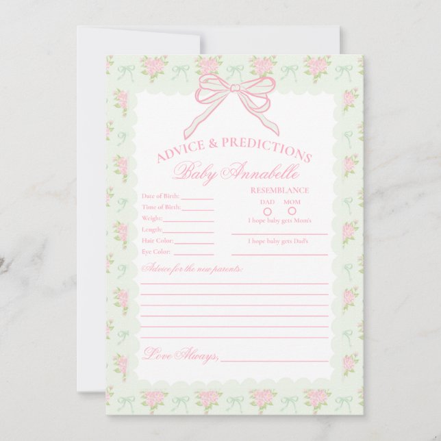 Tarjeta de consejos para bebé con flores elegantes (Anverso)