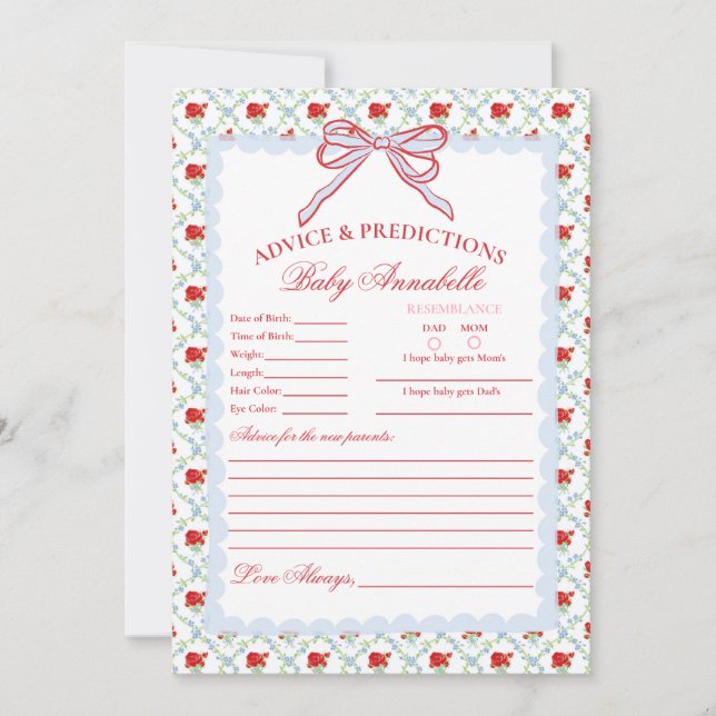 Tarjeta de consejos para bebé con flores elegantes (Anverso)