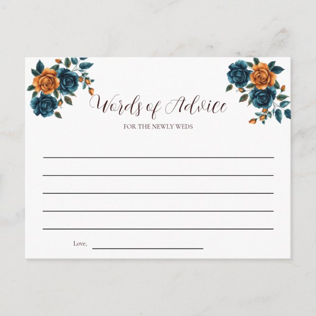 Tarjeta de Consejos para Bodas en Verde Azul y Nar (Anverso)