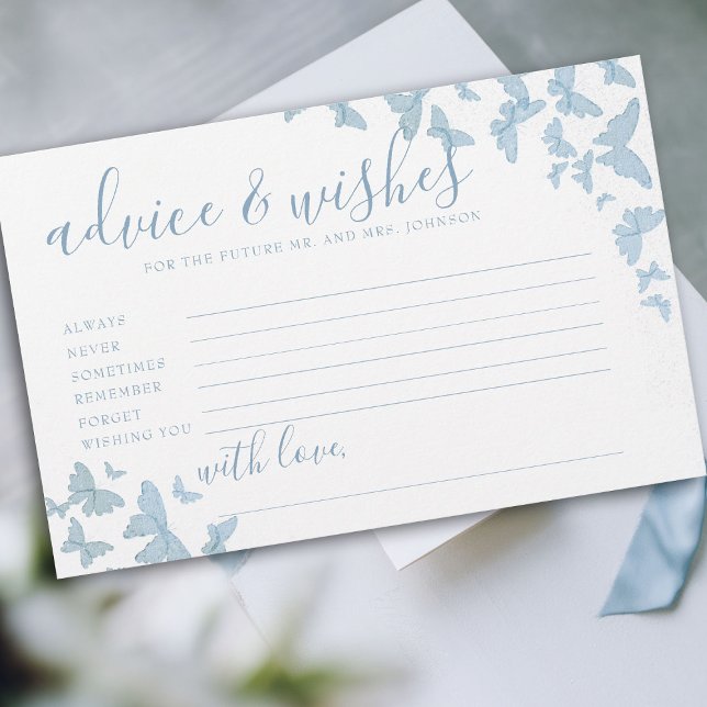 Tarjeta de Consejos para Bodas Señor Señora Maripo (butterfly bridal shower game advice and wishes for mr and mrs dusty blue romantic elegant)