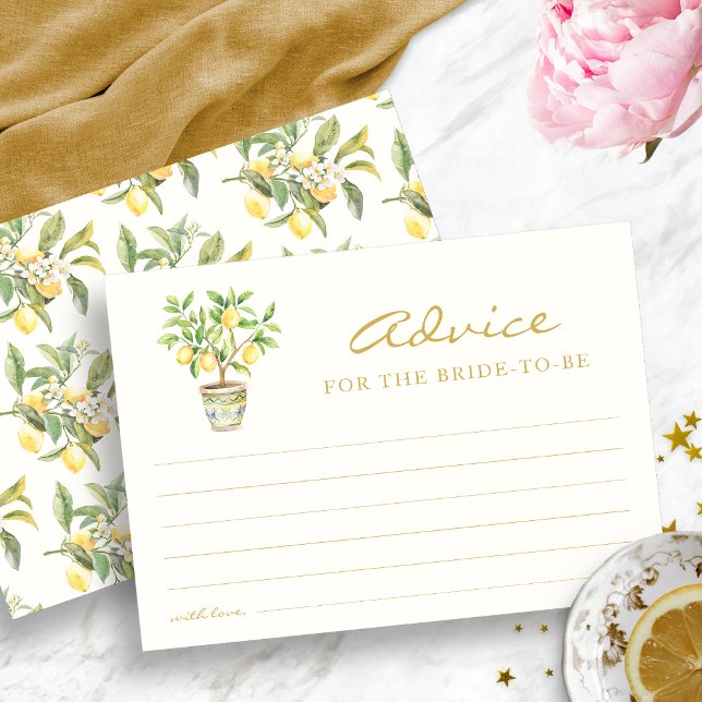 Tarjeta de Consejos para Despedida de Soltera con  (Watercolor Citrus Lemon Floral Bridal Shower Advice Card by Painted Paperie
)