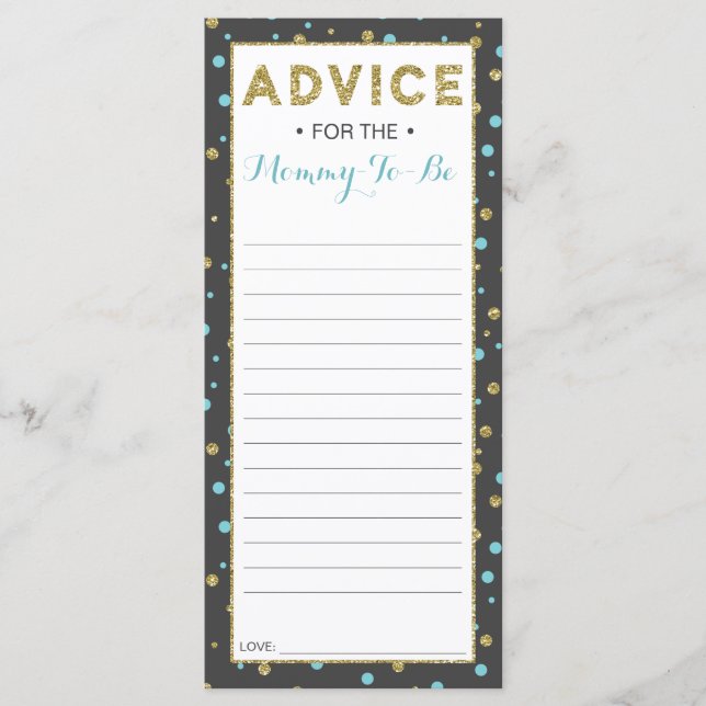 Tarjeta de consejos para futura mamá, fiesta de be (Anverso)