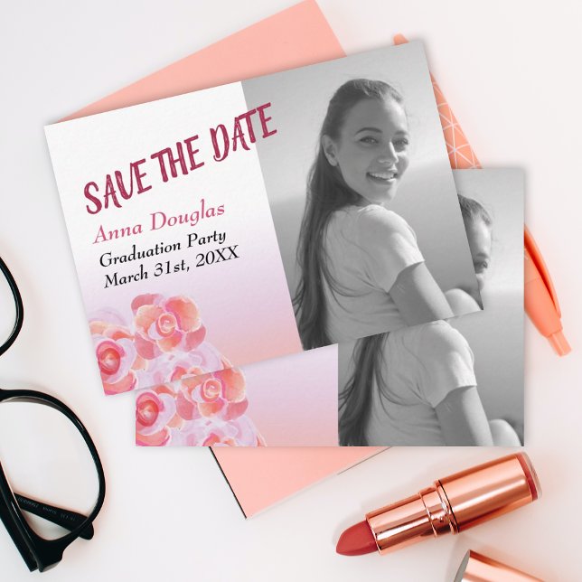 Tarjeta De Consejos Peach, Pink Roses Save-the-Date (cute simple peach pink roses save the date photo card graduation party graduate grad template card)