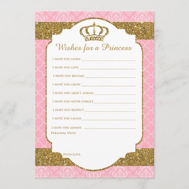 Tarjeta De Consejos Pequeña Princesa Real Rosa y Deseos de Oro para el (Anverso)