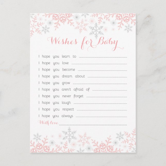 Tarjeta De Consejos Pequeños deseos de Baby Shower con copas de nieve  (Anverso)