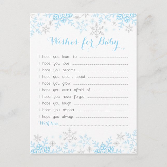 Tarjeta De Consejos Pequeños deseos de Baby Shower con copas de nieve  (Anverso)