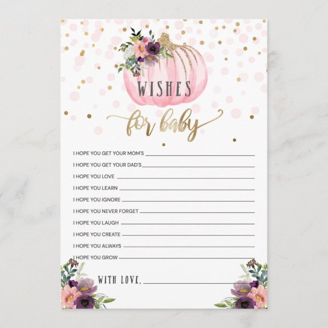 Tarjeta De Consejos Pequeños Deseos De Baby Shower De Calabaza Para El (Anverso)