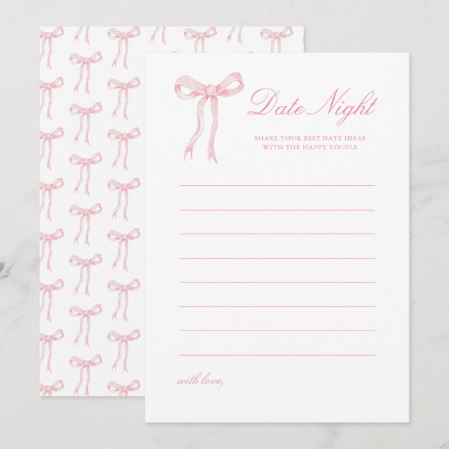 Tarjeta De Consejos Pink Bow Bridal Shower Date Night Ideas Card (Anverso / Reverso)